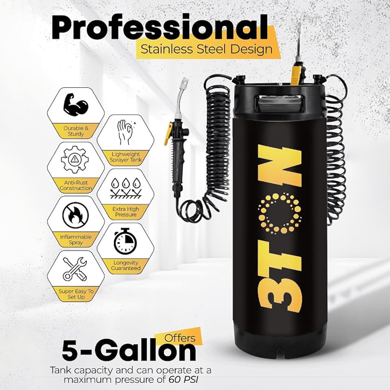 3TON 5-Gallon PPF Tank Sprayer – Stainless Steel High-Pressure Compression Pump with Gauge, Leak-Free Keg for Tint & Film